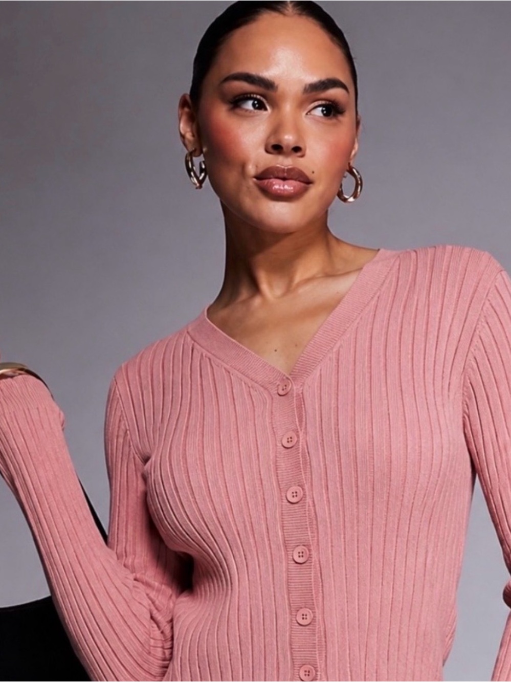 Ribbed Button-Front V-Neck Cardigan Sweater